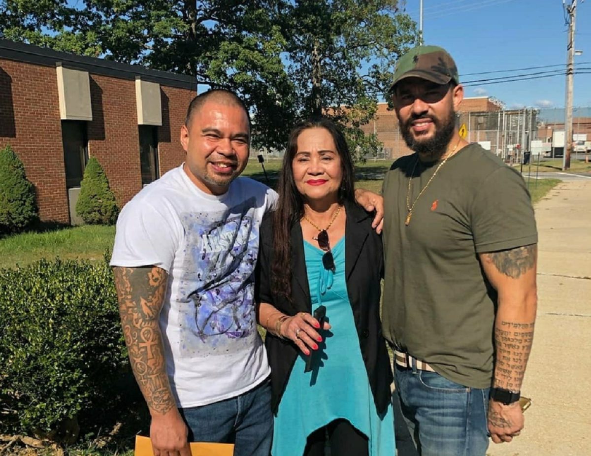 Warren Hynson with his mother and brother on the day of his release